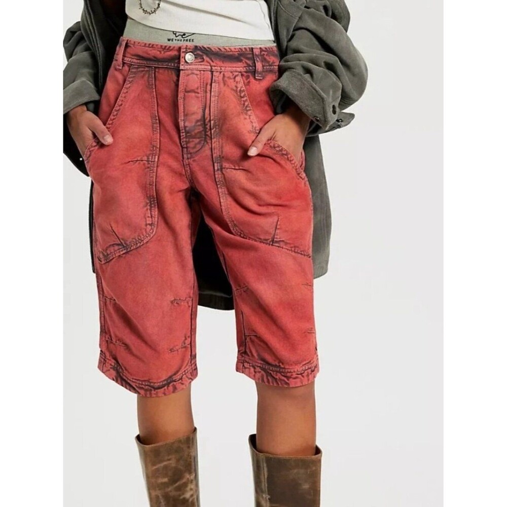 Free People We The Free Break Through Shorts Canvas Midrise Red Cotton XS 290426